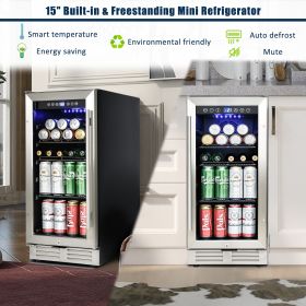 Built-in and Freestanding 15" Mini Beverage Refrigerator/Wine Cabinet, 120 Cans, 37-65°F, Quiet, Adjustable Shelves, LED Lighting, ETL