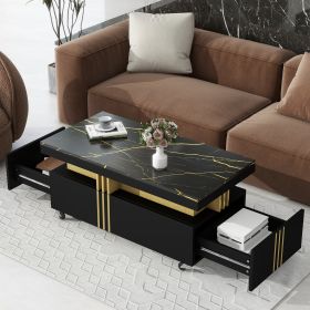 [VIDEO provided] ON-TREND Contemporary Coffee Table with Faux Marble Top, Rectangle Cocktail Table with Caster Wheels