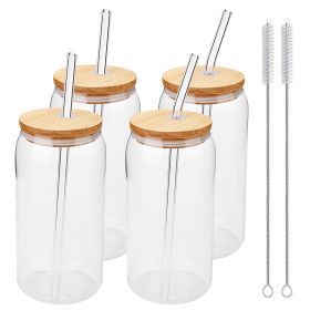 4 Set Glass Cups with Bamboo Lids and Straws, 20oz Can Shaped Drinking Beer Glasses, Iced Coffee Cups, Cute Tumbler with 2 Cleaning Brushes