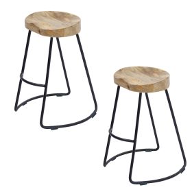 Ela 30 Inch Mango Wood Industrial Barstool, Saddle Seat, Iron Frame, Set of 2, Brown, Black