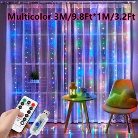 1pc; Window String Lights; Christmas Decoration 100/200/300 LED Remote Control USB Wedding Garland Curtain Lamp 3M/9.8Ft Fairy Lights (Color: Multicolor, size: 9.84ftx3.28ft -100LED)