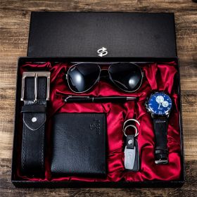 A04991Men's business gift box set Wallet belt watch pen glasses combination set (Color: BLACK)