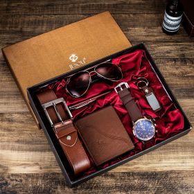 A04991Men's business gift box set Wallet belt watch pen glasses combination set (Color: Brown)