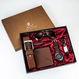 A04991Men's business gift box set Wallet belt watch pen glasses combination set (Color: Coffee)